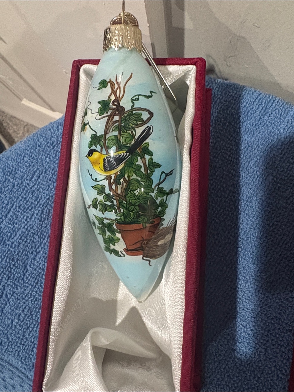 Hand-Painted Blue Glass Bird Holiday Ornament